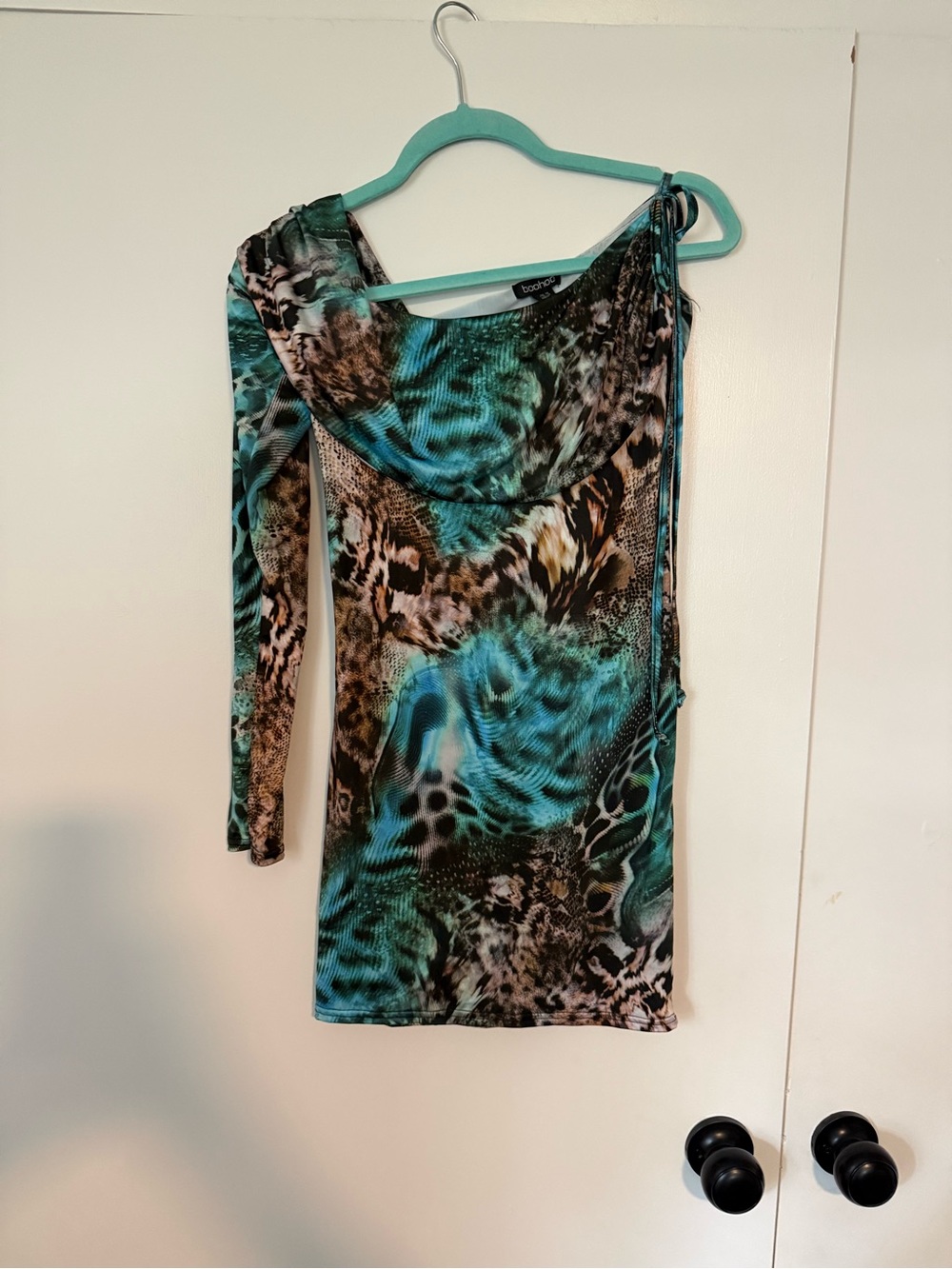 Boohoo Teal and Brown One-Shoulder Mini Dress